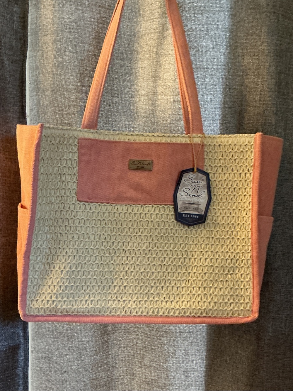 Coral-Trim Woven Tote Bag